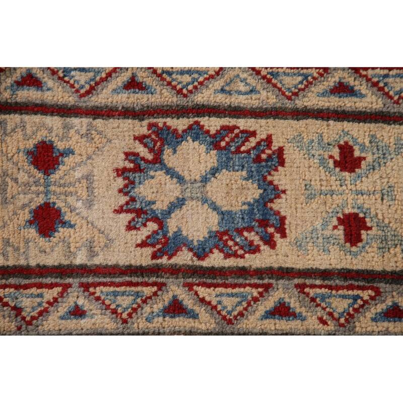 Red Geometric Kazak Living Room Area Rug Hand-Knotted Wool Carpet - 6'7" x 10'1"