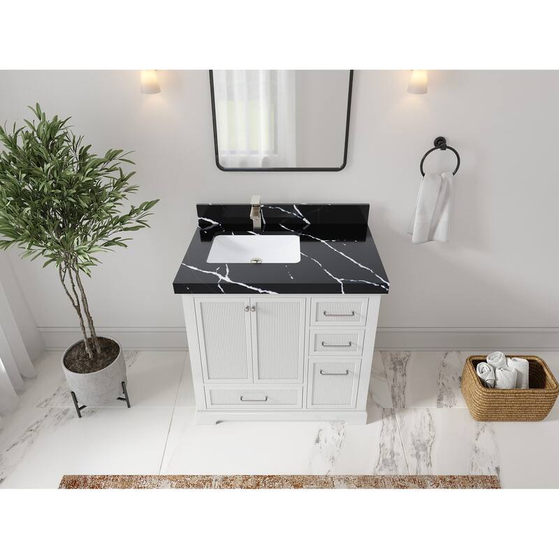 Willow Collections 36 in. W x 22 in. D Alys Left Offset Sink Bathroom Vanity with Countertop - 2"Calacatta Black - White
