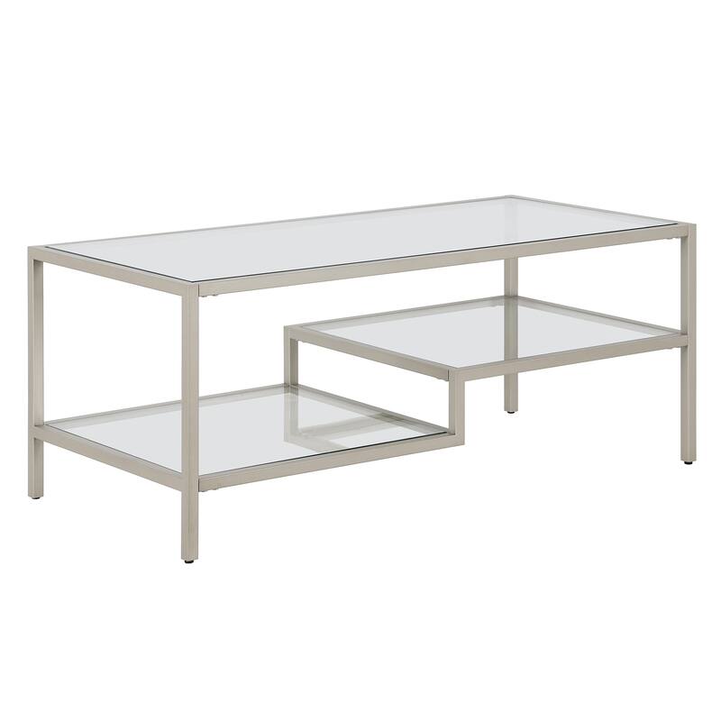 45" Contemporary Rectangular Glass Coffee Table with 2 Storage Shelves for Living Room - 45"L x 22"W x 17"H - Silver-Clear