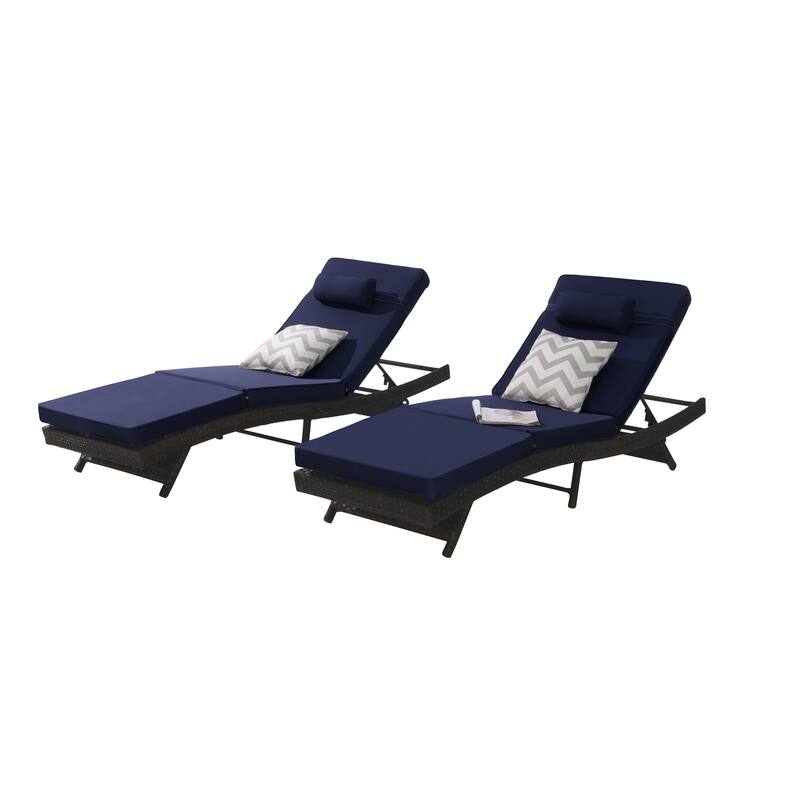 2 Piece Outdoor Wicker Long Reclining Chair Set, Sunbathing Recliner for Beach Poolside Garden