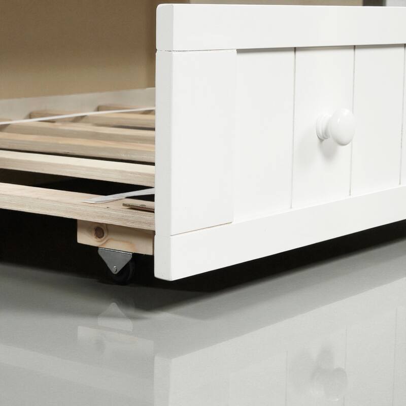 Twin Wooden Daybed with Pull-Out Trundle, Solid Wood Sofa Bed for Bedroom or Living Room, Cottage Style Design