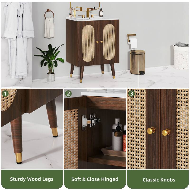 24" Rattan Boho Bathroom Vanity with Sink