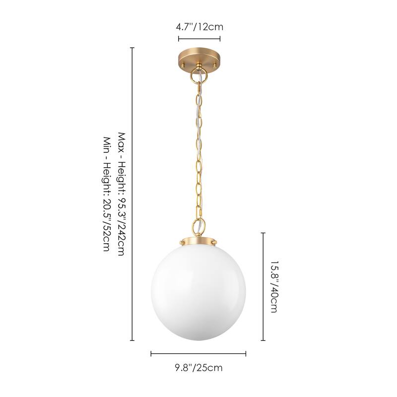 9.8" W 1-Light Modern Opal Glass Globe Pendant Light for Kitchen Island or Bedroom - 9.8 in. W x 15.7 in. H x 9.8 in. D