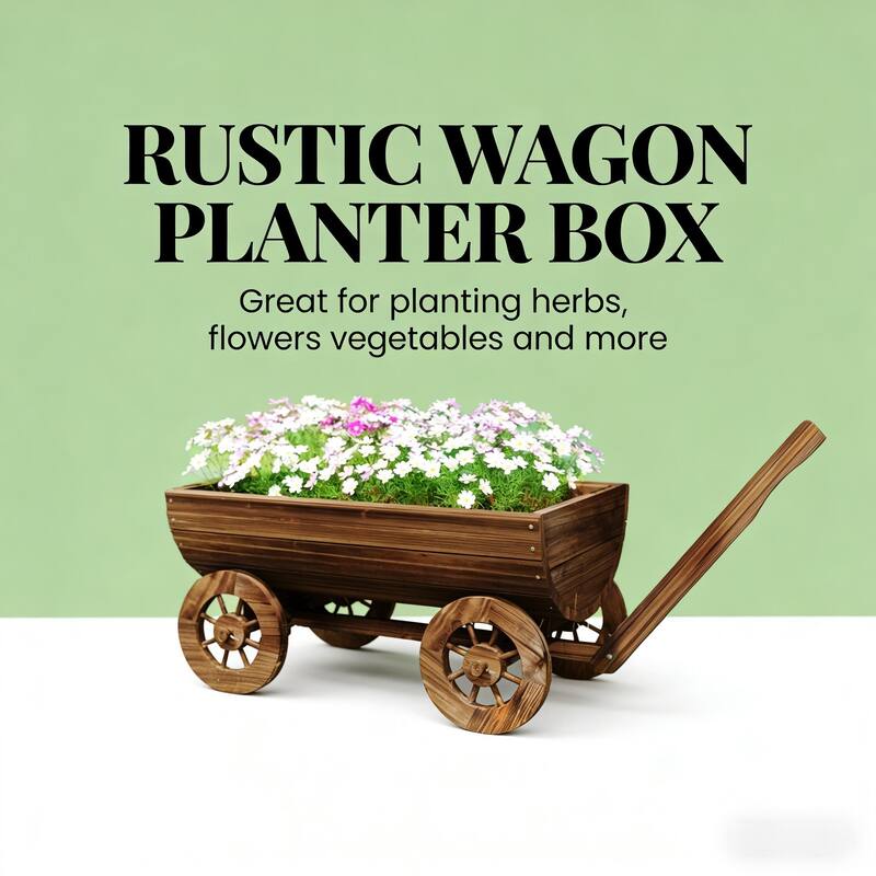 Small Wheelbarrow Wagon Flower Cart, Wooden Mobile Garden Planter