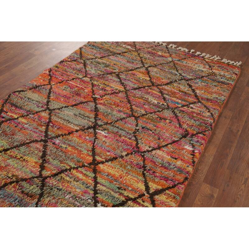 Hand Knotted Oriental 100% Wool Carpet Modern All-Over Multi-Colored Moroccan Area Rug - 6' 8'' X 4' 0''
