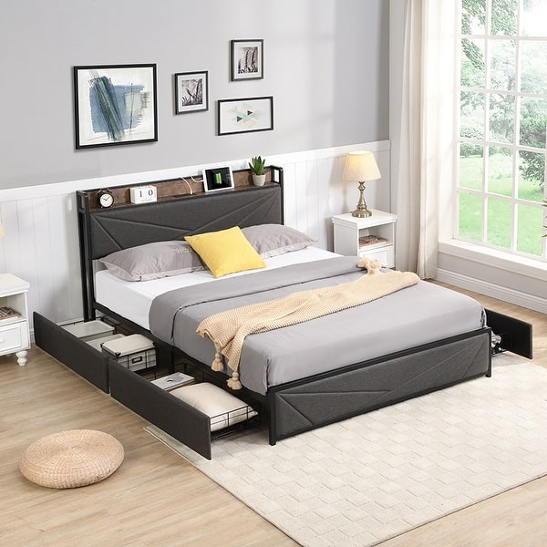 Queen Bed Frame, Storage Headboard with Charging Station, Solid and