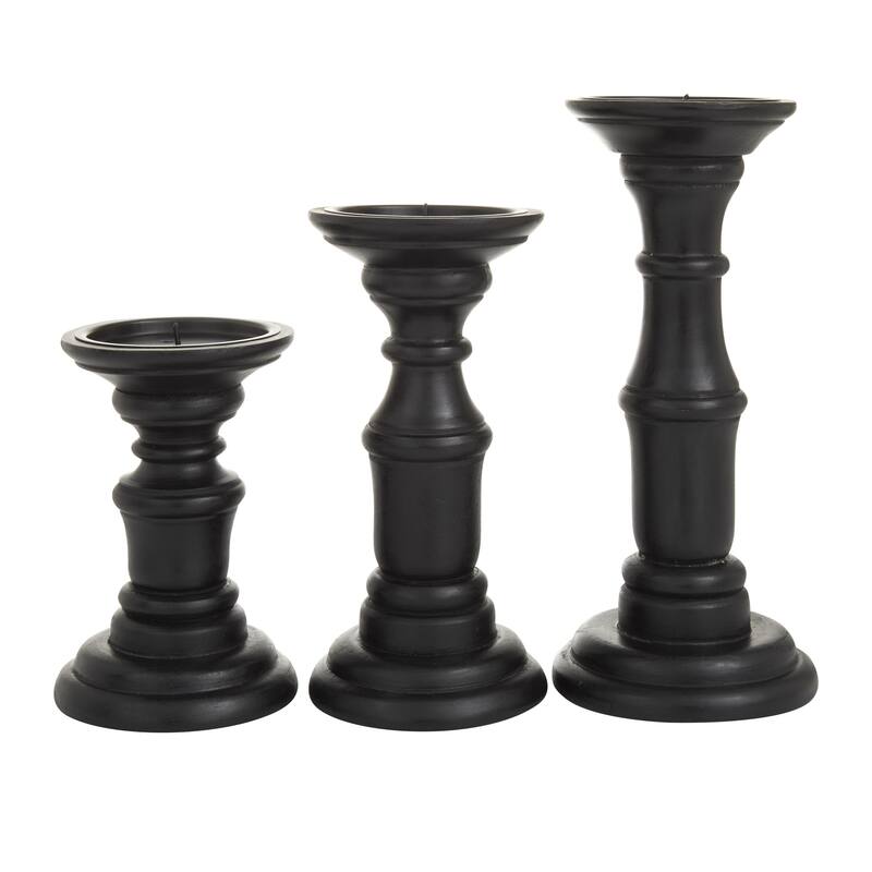 Mango Wood Turned Style Pillar Decorative Candle Holder - Set of 3 White, Black, Gold - Roche River Decor