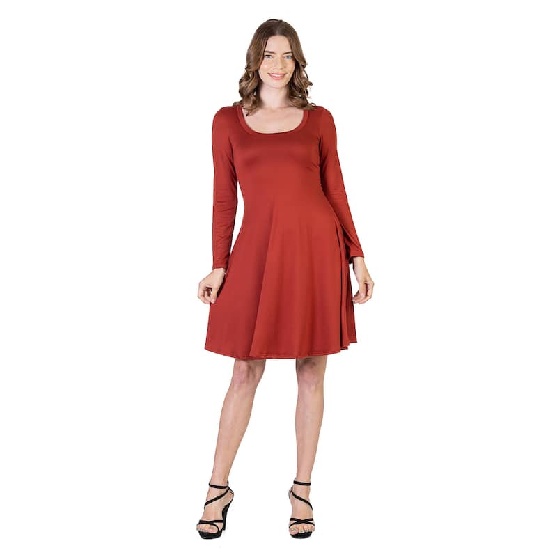 24seven Comfort Apparel Classic Long Sleeve Flared Mini Dress - Rust - 1X