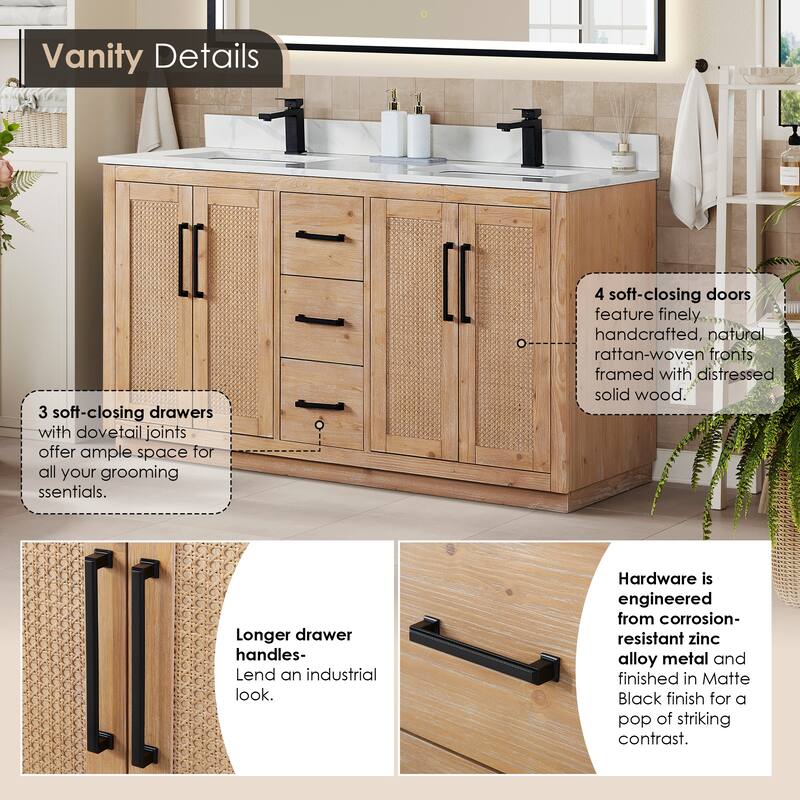 Floral Single Bathroom Vanity in Light Brown with Calacatta White Quartz Countertop with Mirror