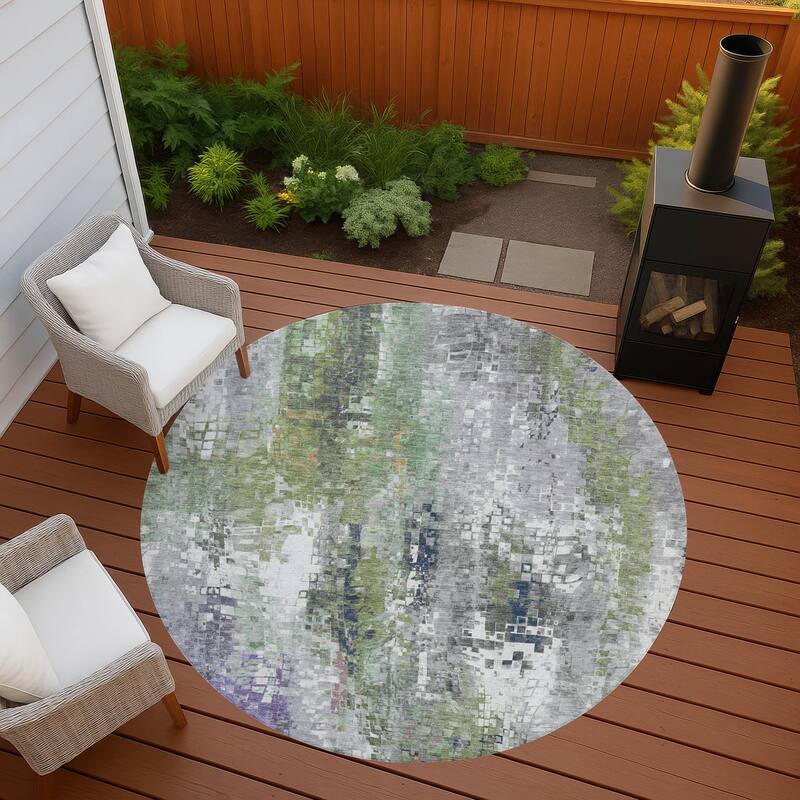 Machine Washable Indoor/ Outdoor Abstract Pixels Chantille Rug - Aloe - 8' x 8'