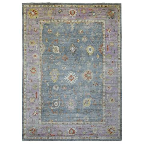Shahbanu Rugs Gray with Purple Border, Beautiful Floral Pattern, Hand Knotted, Afghan Oushak, Pure Wool, Rug (10'1" x 13'9")