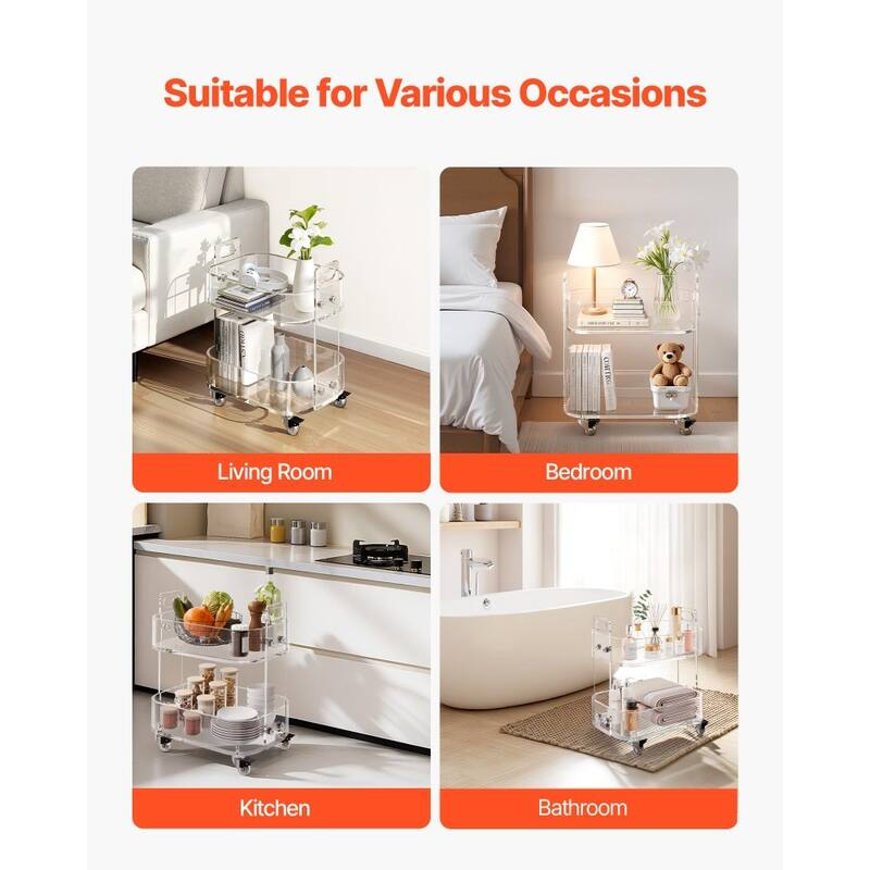 Clear Acrylic 2-Tier Side Table with Lockable Wheels and Transparent Storage - 12 x 16.3 x 18.9 in