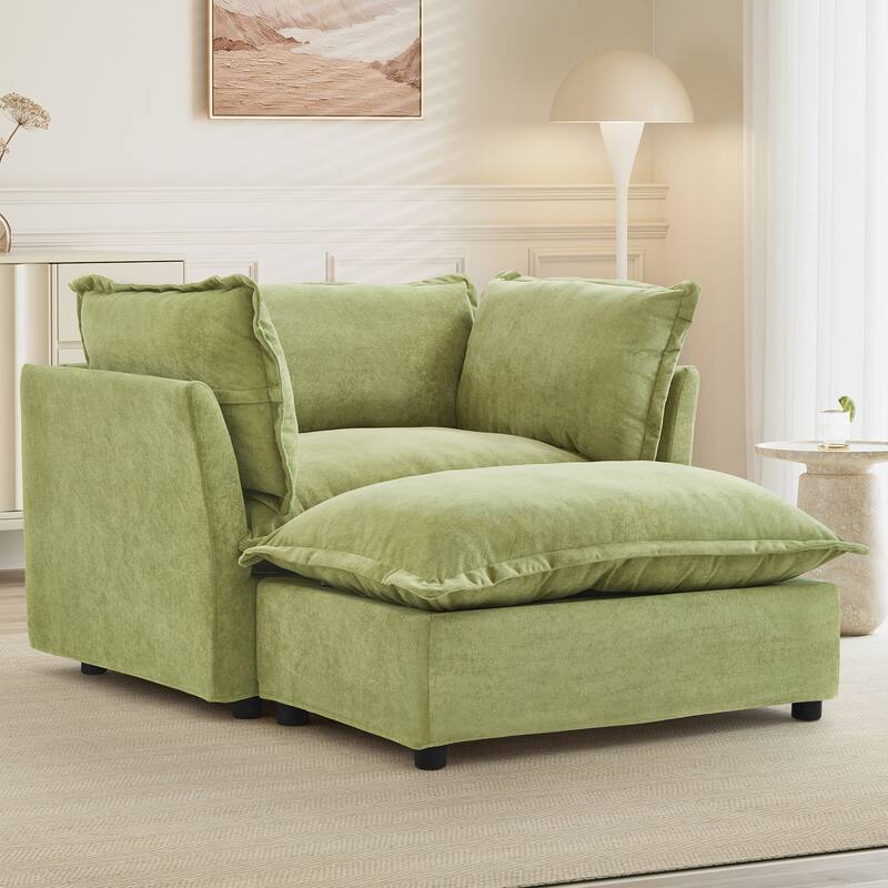 47" Cozy Upholstered Armchair with Movable Ottoman, Wide Seat, Curved Armrests and Soft Pillows