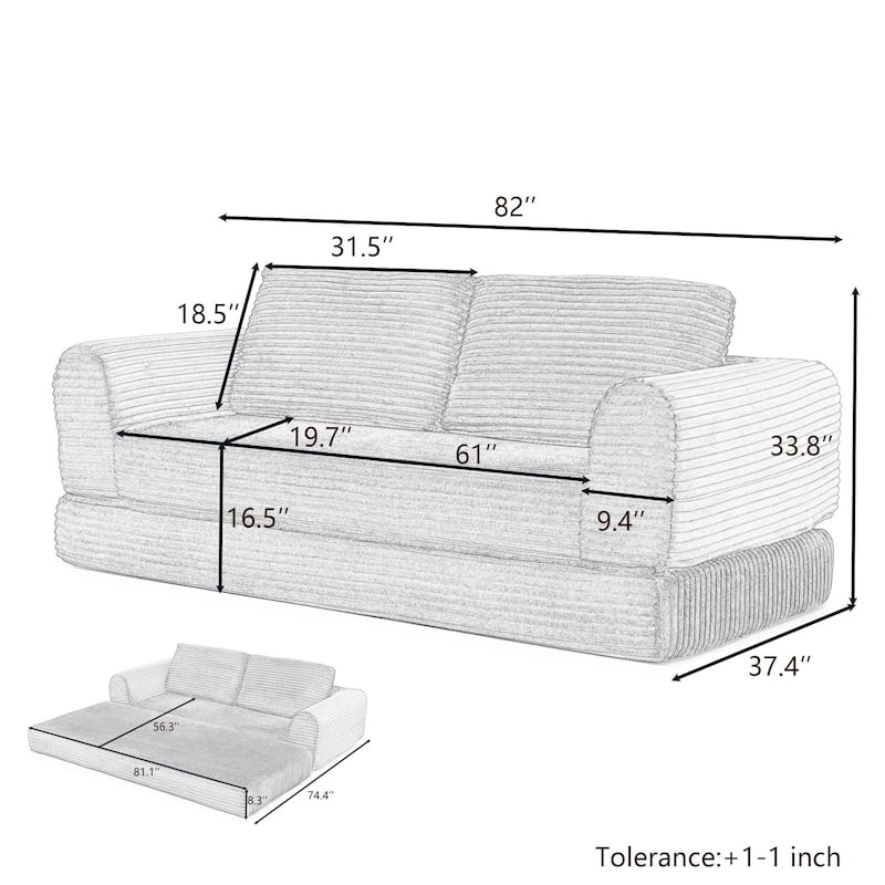 2 in 1 Folding Sofa Bed, Corduroy Convertible Sleeper Couch with Pillows, Boneless Futon Floor Sofa