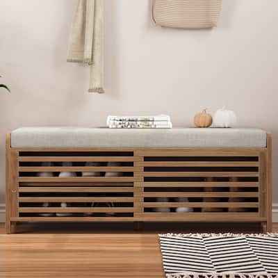 Distressed Shutter Storage Bench with Acacia Veneer for Retro Charm for Living Room, Entryway
