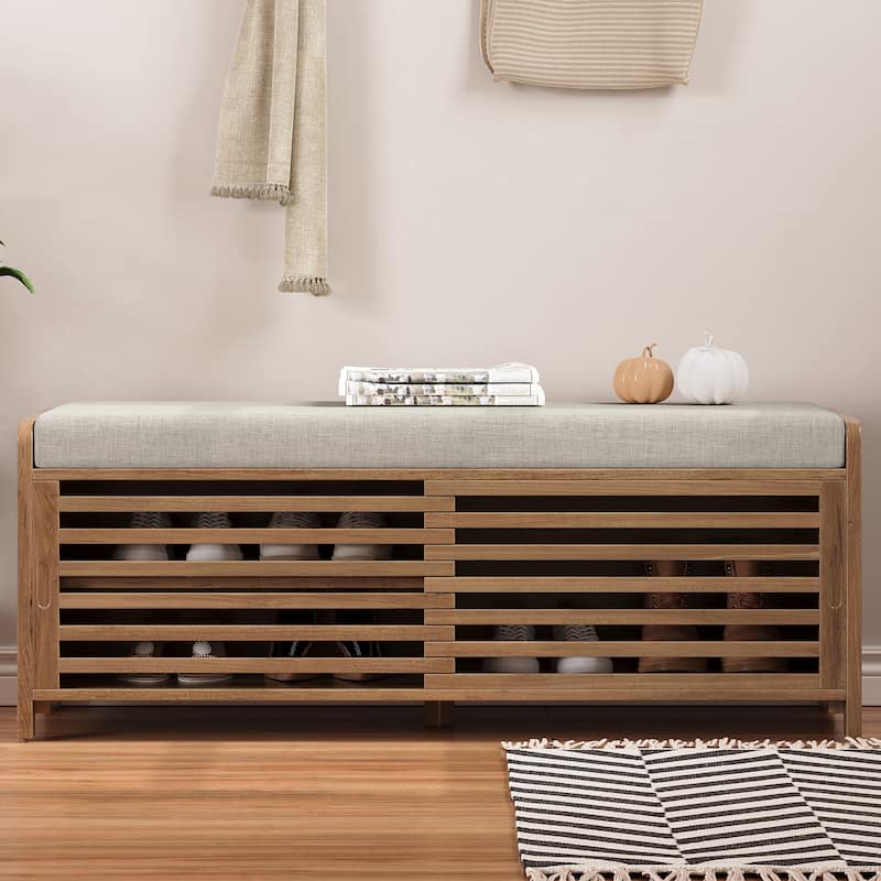 Shoe Storage Bench with Padded Seat Cushion and 2 Sliding Distressed Shutter Doors, Entryway Shoes Bench Storage Ottoman
