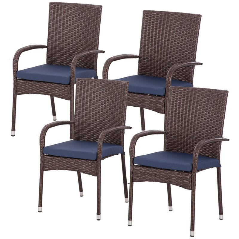 4-Piece Stackable PE Wicker Dining Chair Set, Outdoor Rattan Chairs with Cushions, Armrests & Backrest for Patio, Balcony