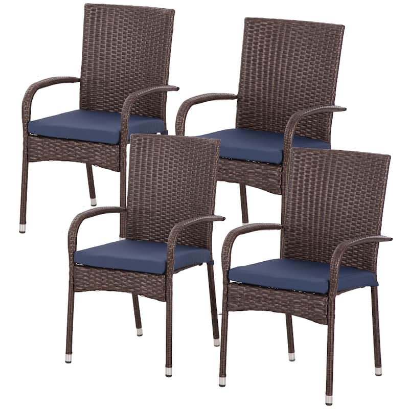 Outdoor PE Rattan Stackable 4 Piece Patio Kitchen Dining Chairs with Cushions, Backrests for Restaurant Beach Porch Deck Garden