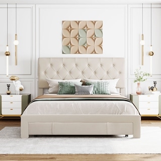 Queen Size Storage Bed Velvet Upholstered Platform Bed with a Big ...