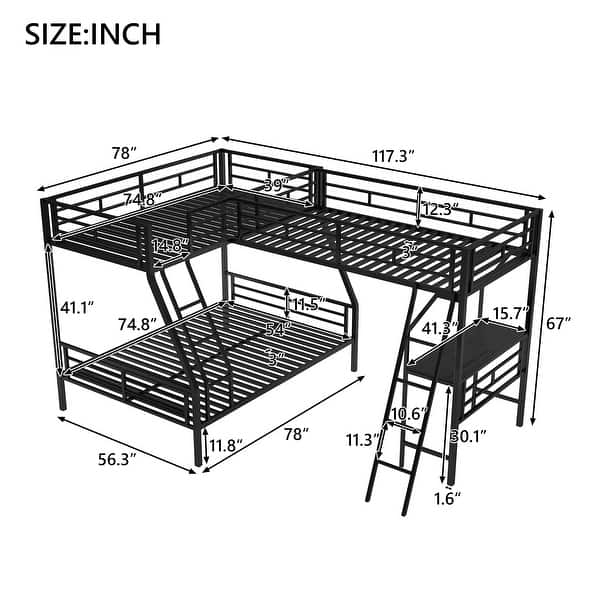 Modern L-Shaped Twin over Full Bunk Bed with Twin Size Loft Bed, Black