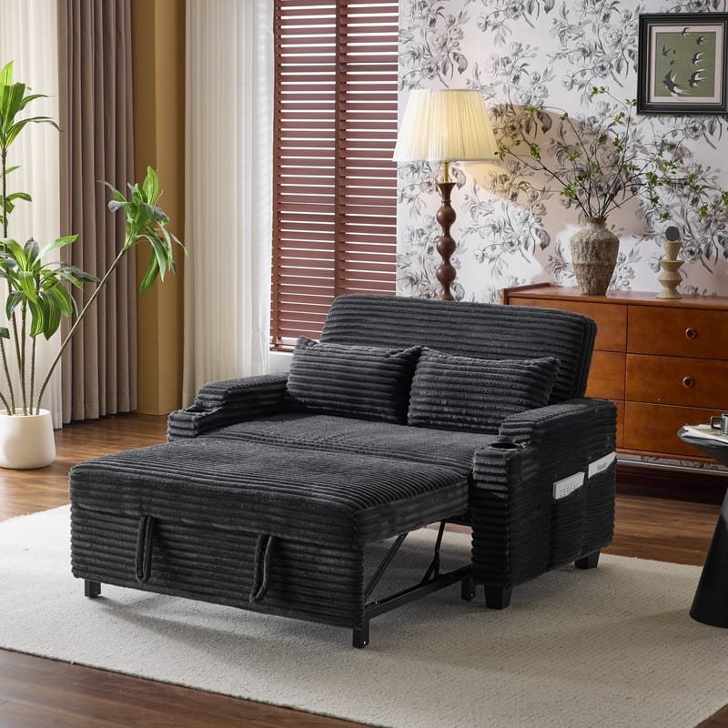 Upholstered Corduroy Convertible Reclining Sleeper Sofa Bed With Cushions For Small Spaces - Dark-Grey
