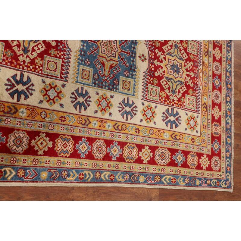Geometric Kazak Oriental Area Rug Hand-Knotted Grey Wool Carpet - 4'10" x 6'5"