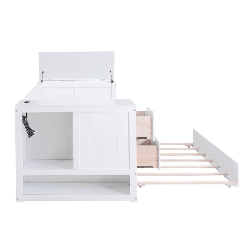 Twin Size Daybed with Storage, Trundle, and Charging Station in White