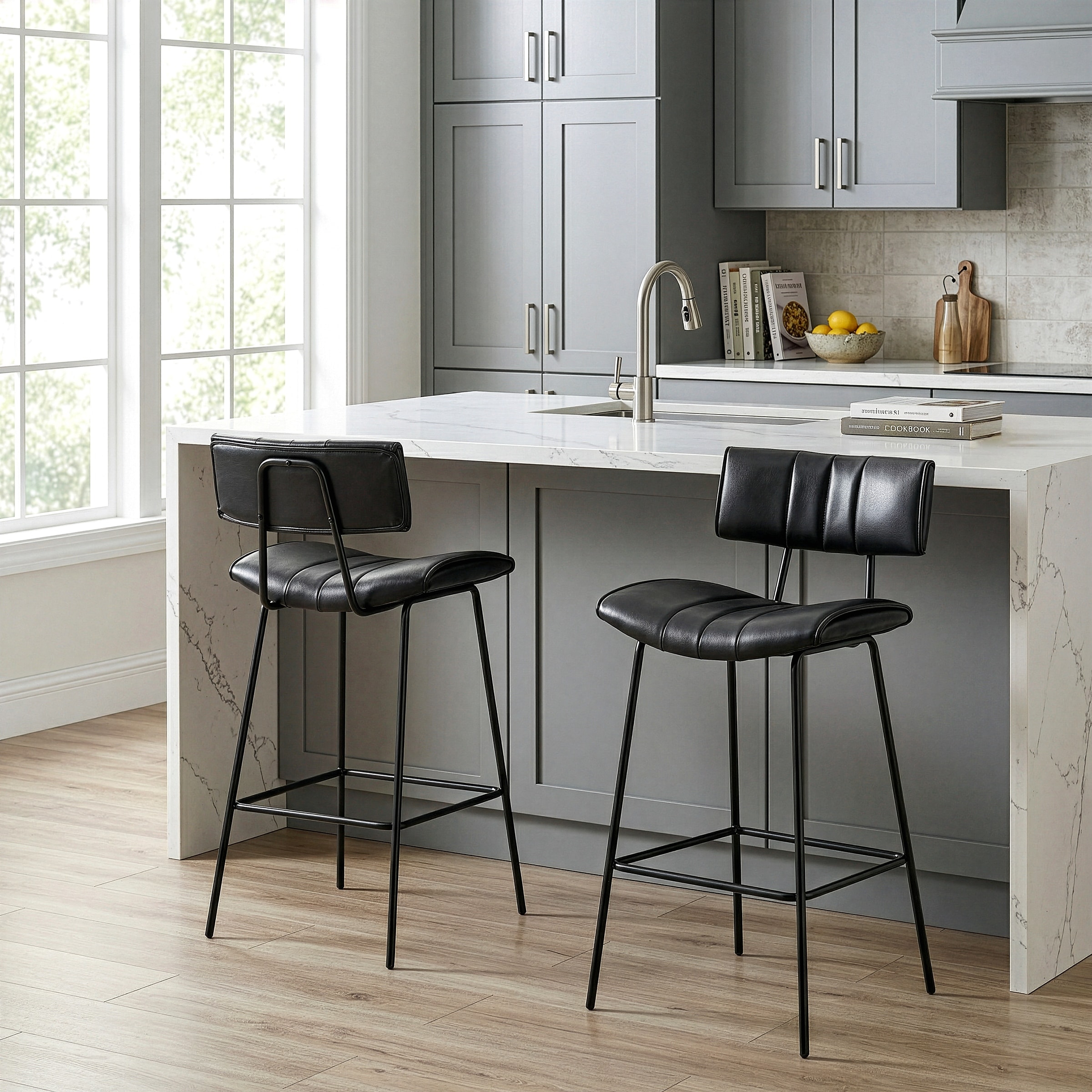 Belita Black Faux Leather Counter Stool with Metal Legs (Set of 2)