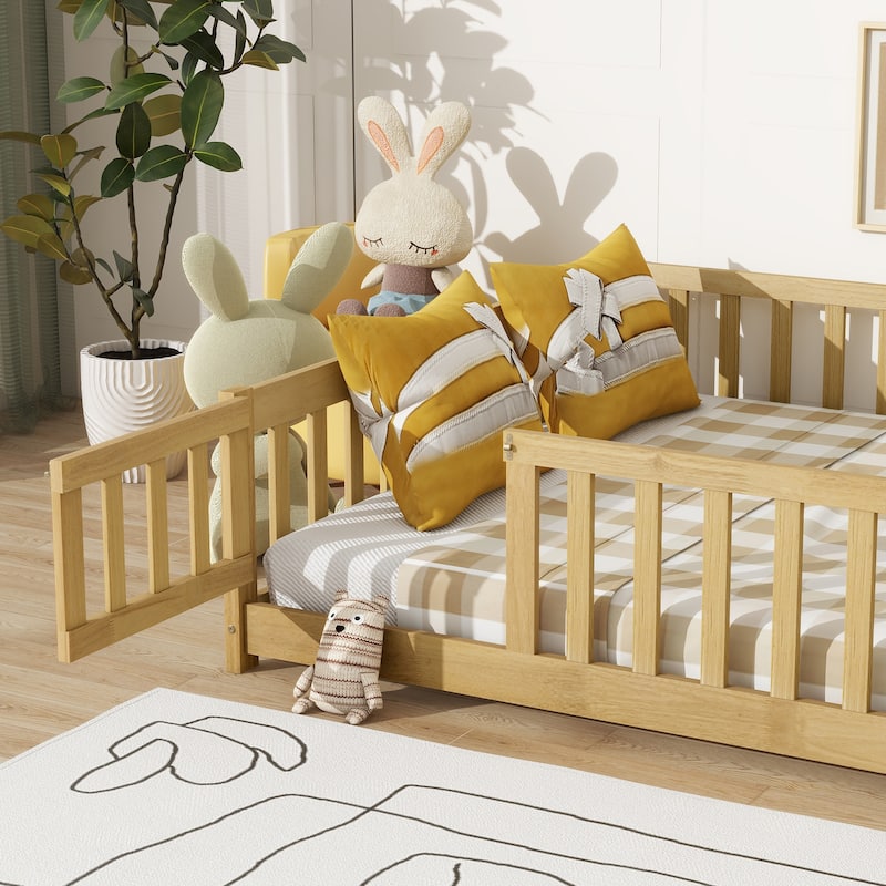Roomfitters Full Size Floor Bed with Surround Fence & Swing Door, Rubber Wood Floor Platform Bed with Guardrail & Slat, Natural