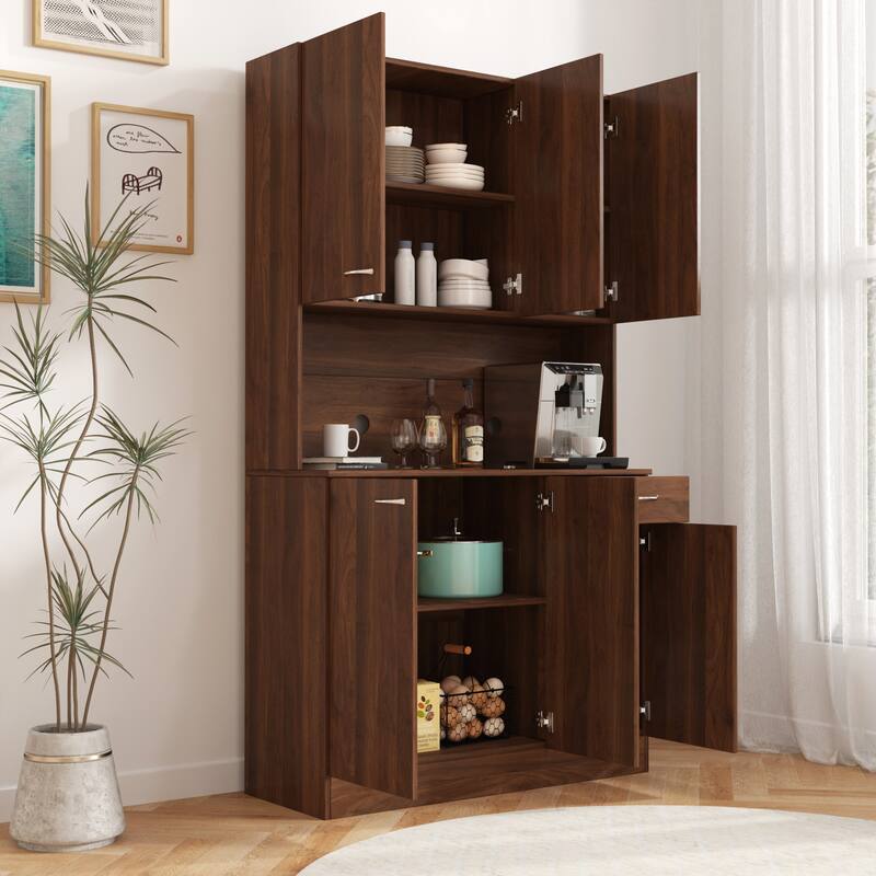 Modern Tall Cabinet with 6 Doors, 1 Open Shelf and 1 Drawer for Bedroom, Kitchen