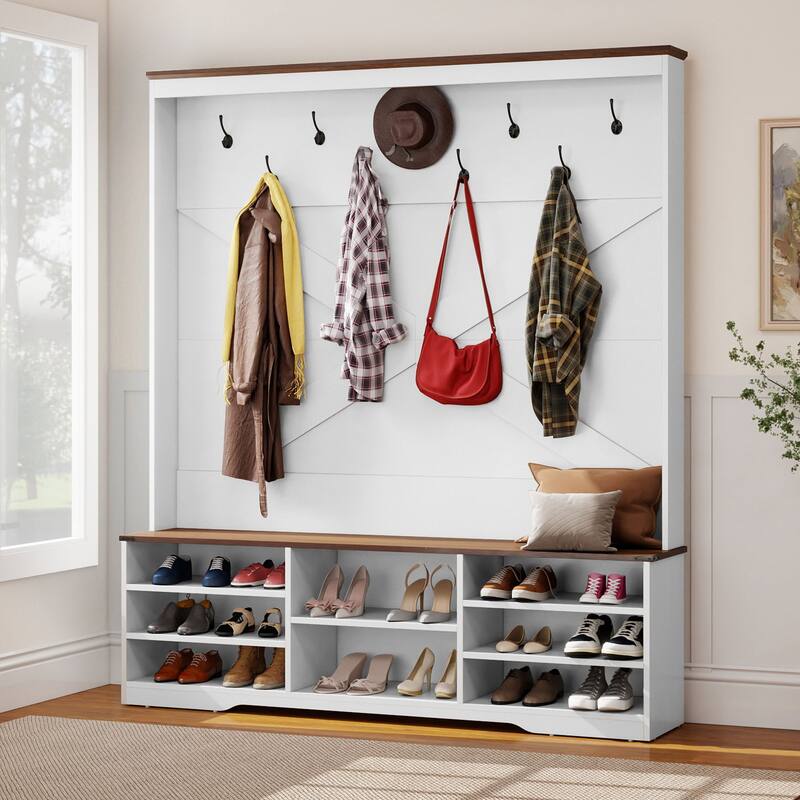 Moasis Hall Tree Coat Rack with Bench Shoe Storage w/ 10 Hooks for Entryway