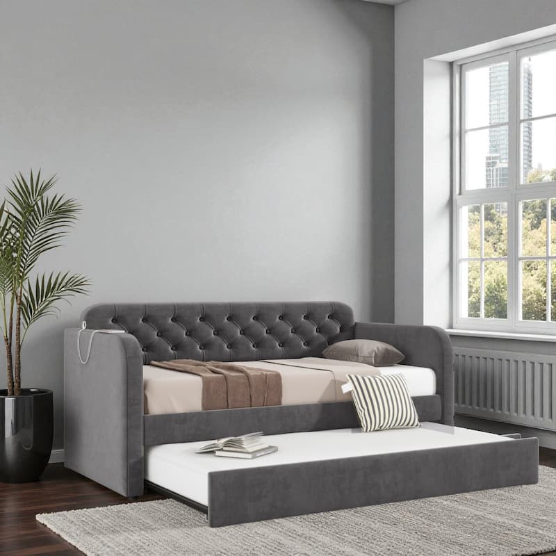 Twin Velvet Upholstered Daybed with Trundle and USB Charging Port, Tufted Backrest Sofa Bed for Bedroom or Living Room