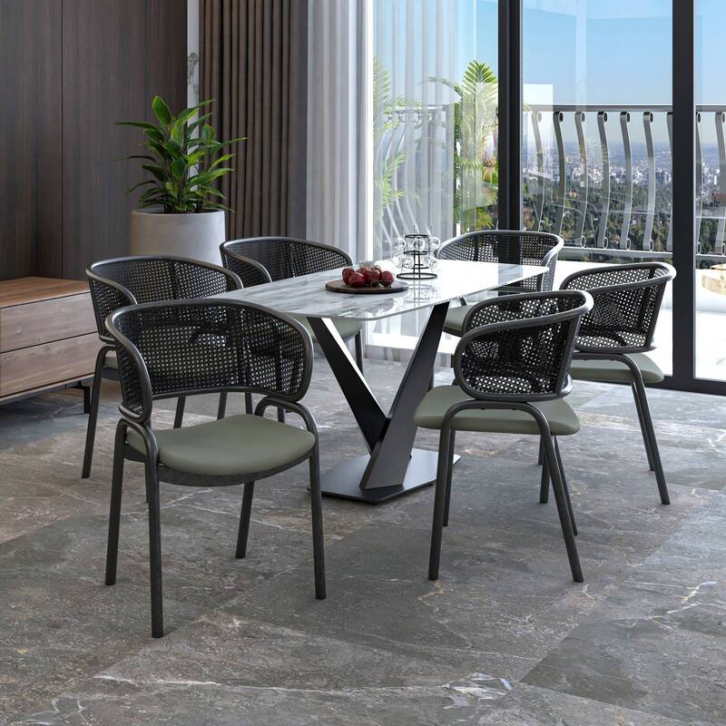 Ervilla Modern Upholstered Accent Side Chair with Wicker Back and Black Iron Legs for Dining Room & Kitchen, Set of 2 - Grey