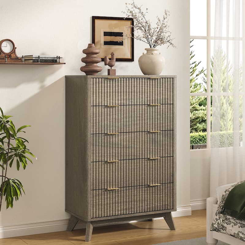 Modern 5 Chest of Drawers, Wood Dresser for Bedroom, Living Room - Grey Alder