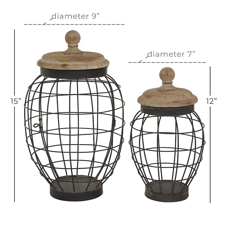 Metal Caged Style Decorative Jars with Wood Lids - Set of 2 Black - Roche River Decor - 9"W x 9"L x 15"H