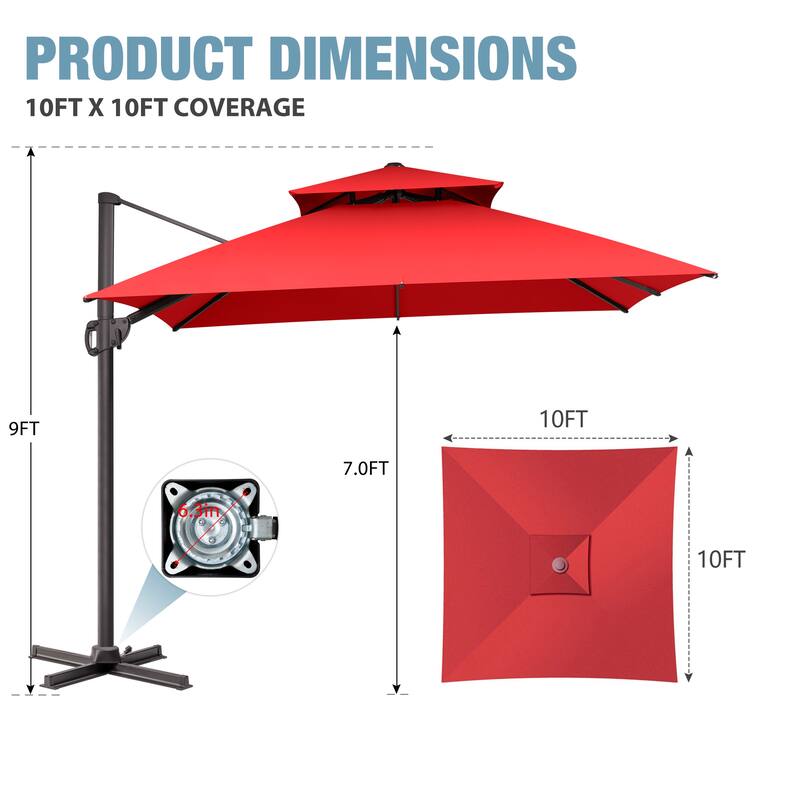 VredHom Double Top 10x10 FT Square Patio Cantilever Umbrella with Cross Stand