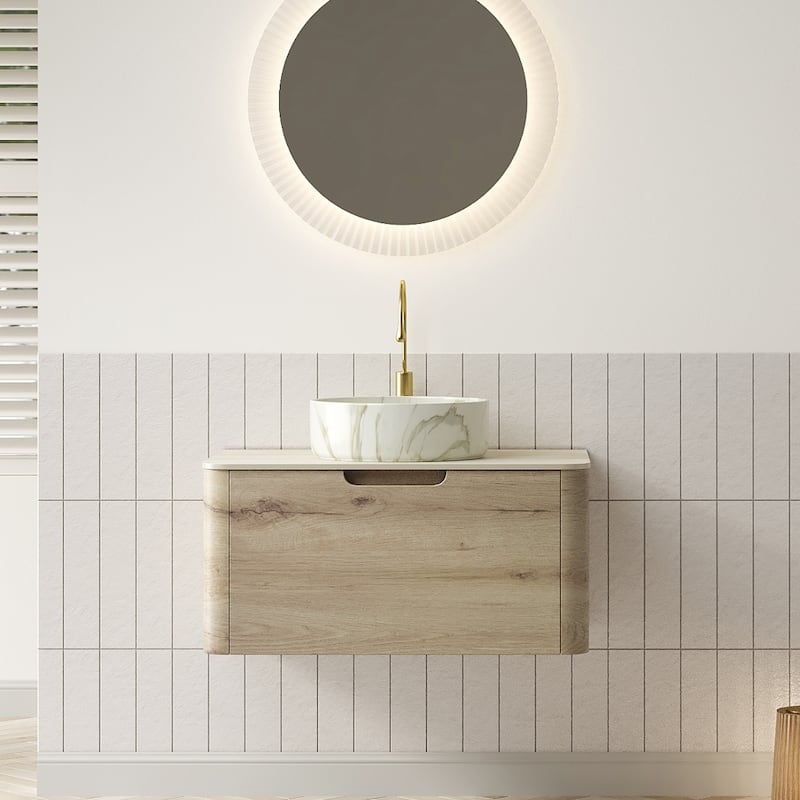 GDFStudio - Xai Floating Bathroom Vanity with Travertine-Pattern Sintered Stone Top & White Round Ceramic Basin, WITHOUT Faucet - 30" - White Oak