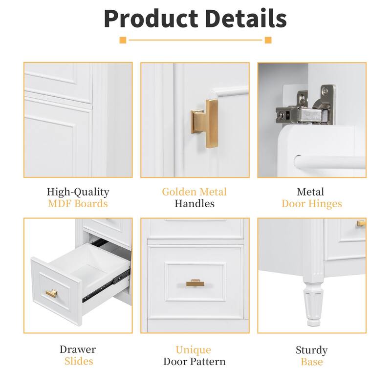 30" White Bathroom Vanity Cabinet with Sink, Flip Drawer, Adjustable Shelf and 2 Drawers - 30 in.W x 18.4 in.D x 33.7 in.H