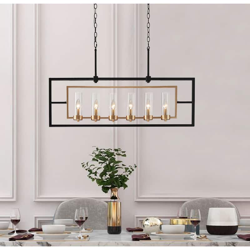 Zeci Modern Transitional Black Gold Linear Chandelier 6-light Cylinder Glass Island Lights for Dining Room