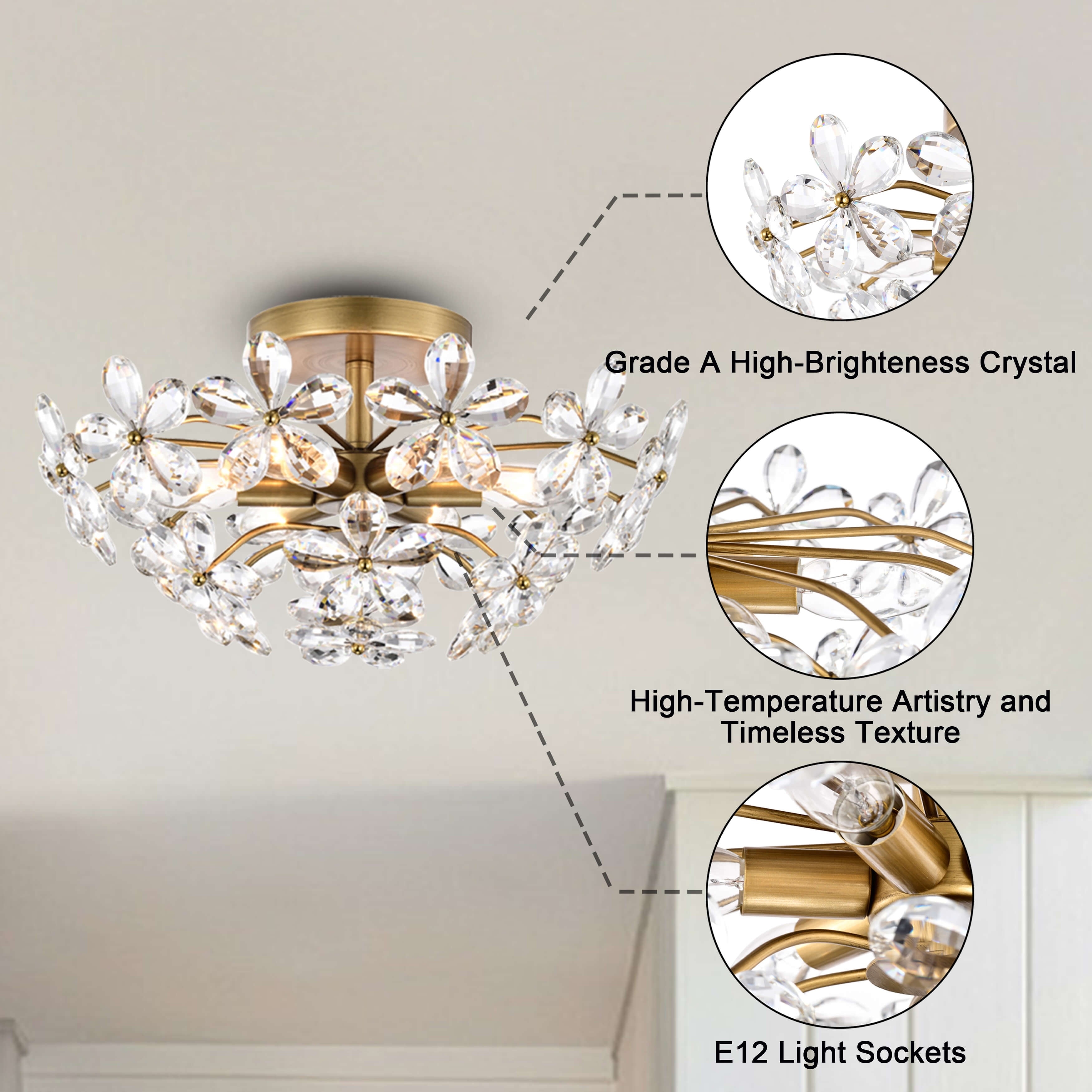 Rosa 6-Light Brushed Brass Finish Crystal Glass Flower Flush