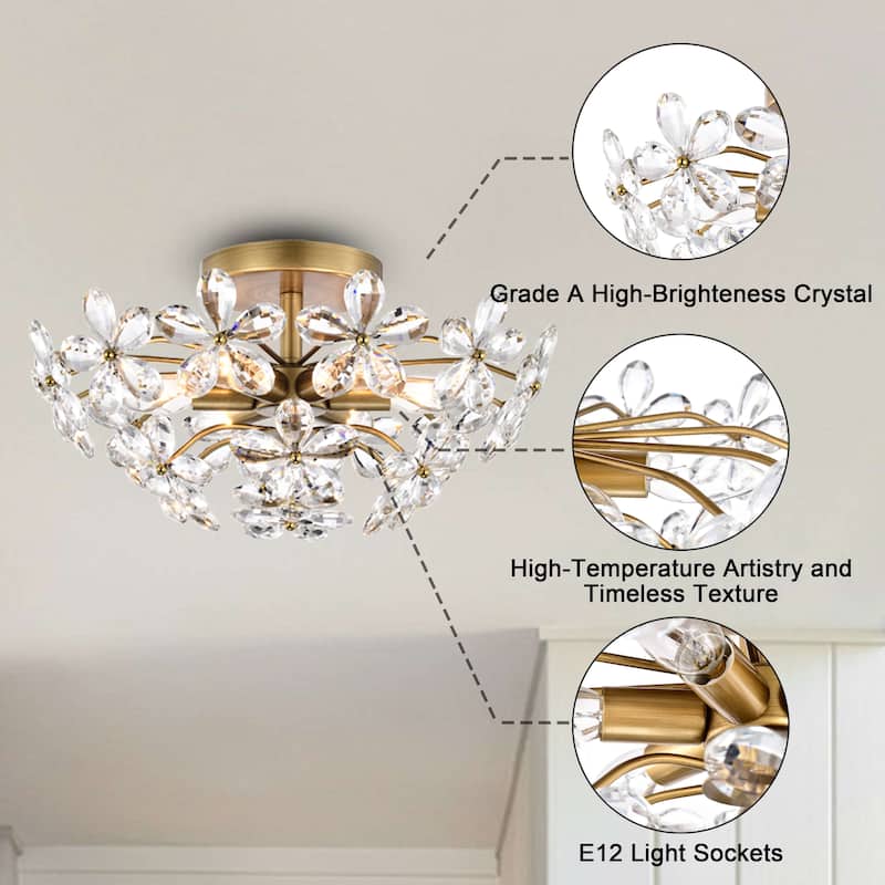 Rosa 6-Light Brushed Brass Finish Crystal Glass Flower Flush Mount - 17.7 inches in diameter x 8.7 inches H