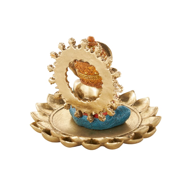 Gold Resin Ganesh Decorative Sculpture with Lotus Plate and Colorful Dresswear