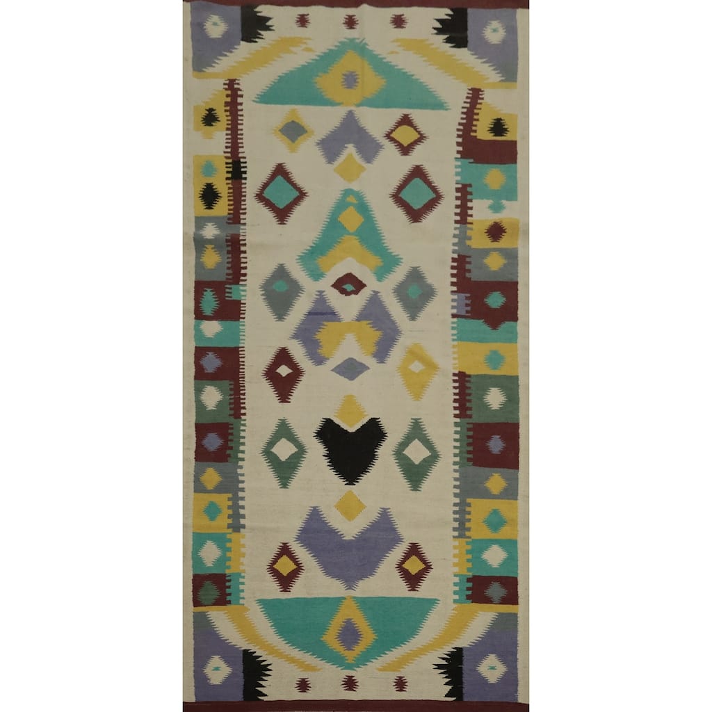 Hand Woven Oriental 100% Wool Carpet Southwestern Tribal Beige & Ivories Kilim Area Rug - 11' 4'' X 4' 9''