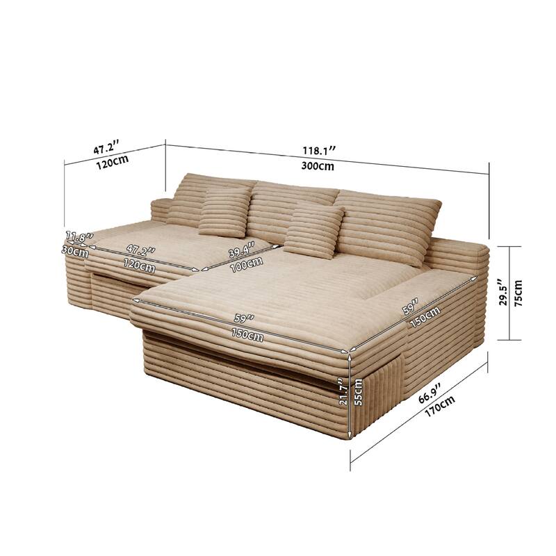 Roomfitters 118.1" Modular Sectional Sofa, 2-Piece Compressed Cloud Couch, No Assembly Required, Plush Corduroy, Beige