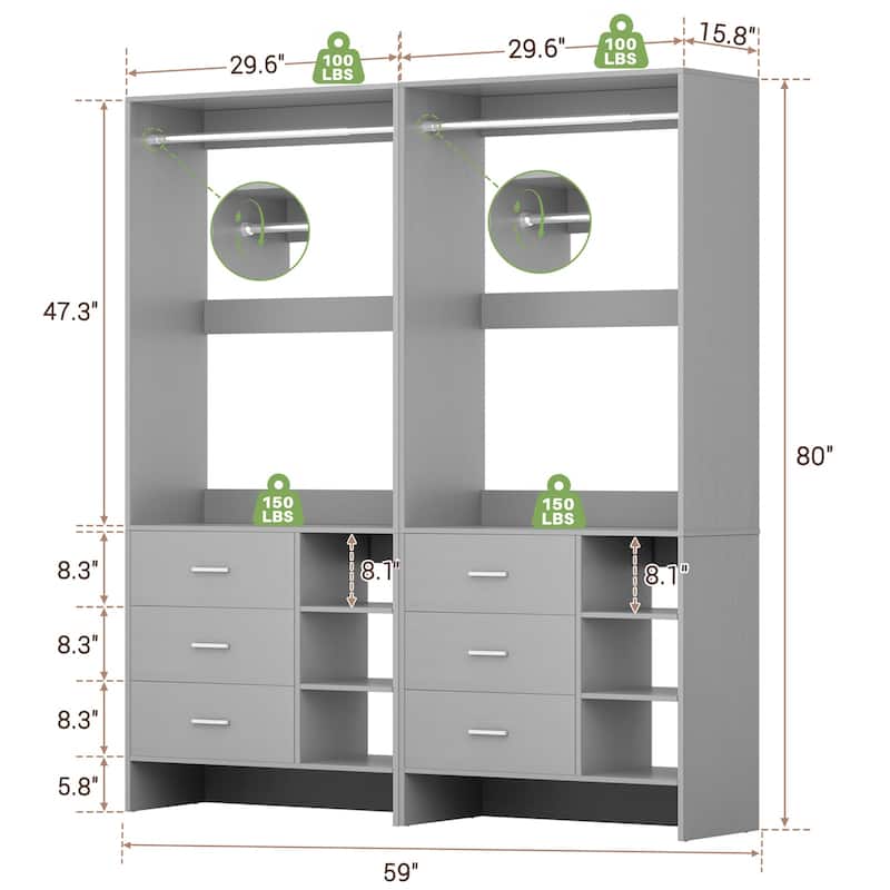 Cimly 30'' W Freestanding Closet Sytem with Hanging Rod, Closet Organizer with Drawers and Shelves