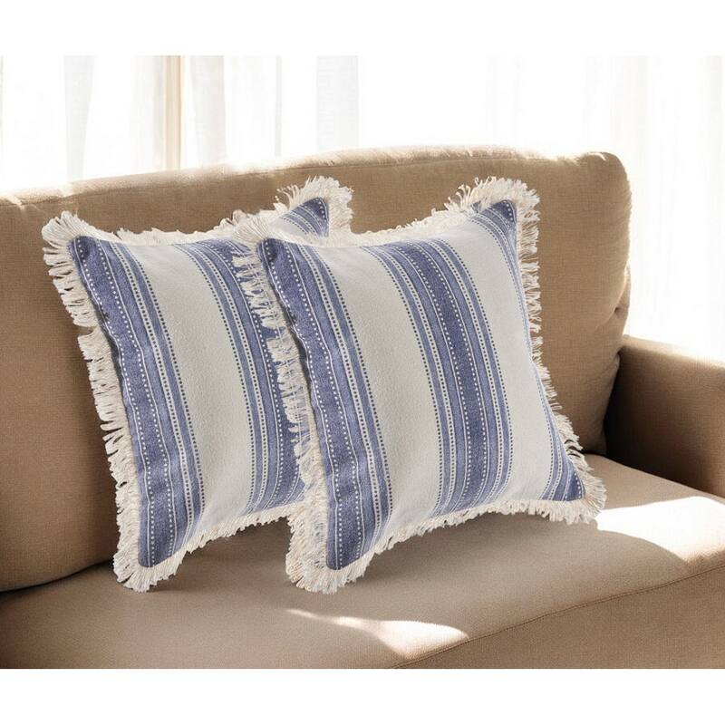 Set of Two 18" Blue and Cream Cotton Throw Pillows with Fringe - Cream/Blue