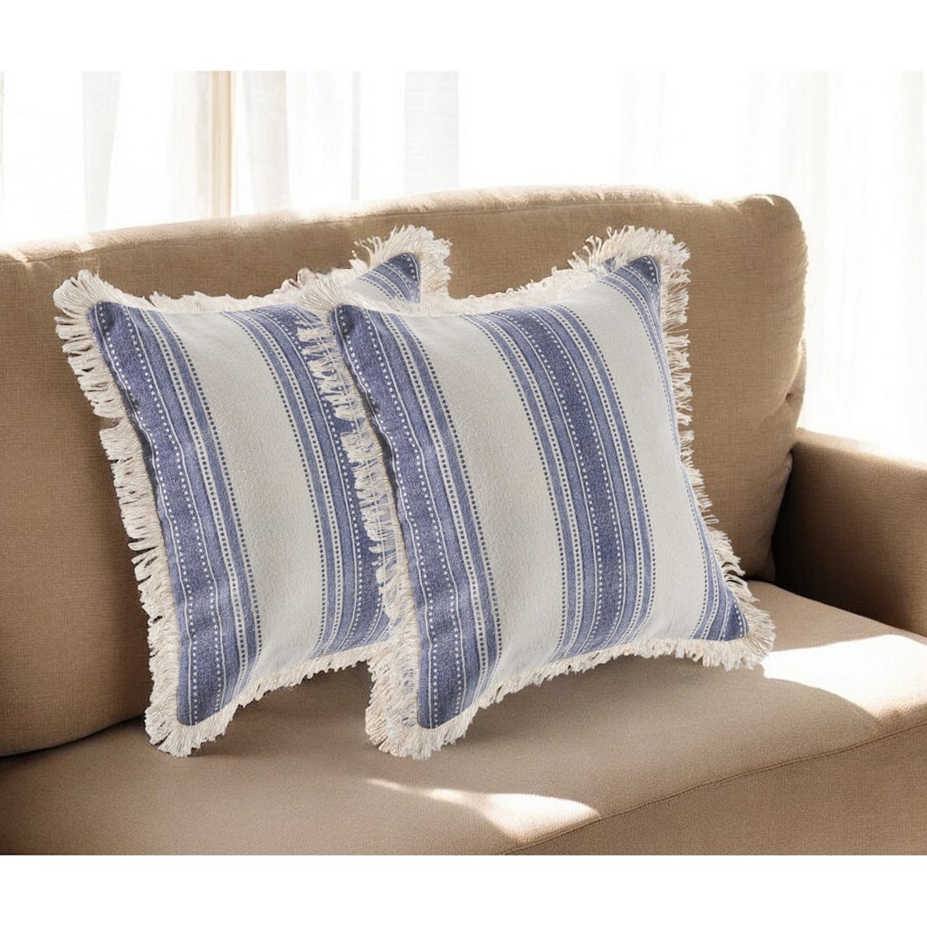 Set of Two 18" Blue and Cream Cotton Throw Pillows with Fringe