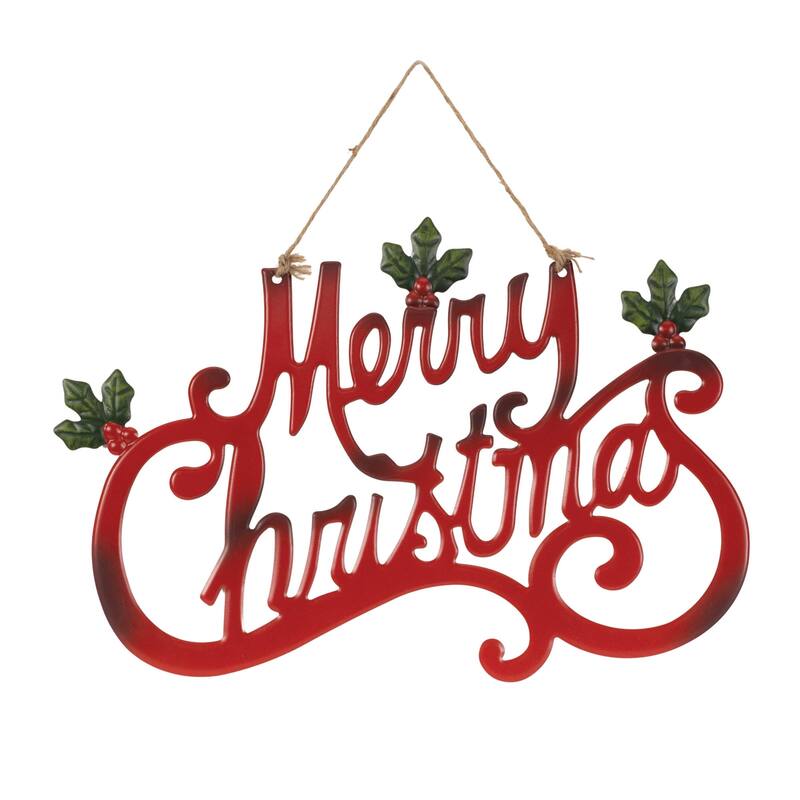 Festive Merry Christmas Metal Sign with Holly Leaves and Rustic Twine Hanger for Wall Decor - 19.25”L x 0.25”W x 14”H