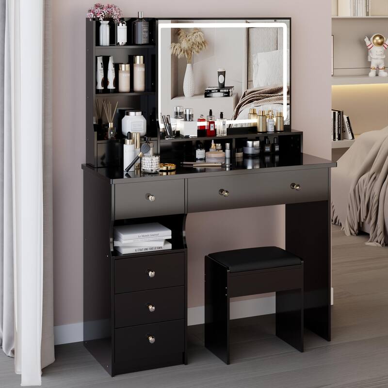 41"Large Size Left Drawer Desktop Vanity Table+Cushioned Stool, Extra Large LED Mirror, Multi Layer High Capacity Dresser