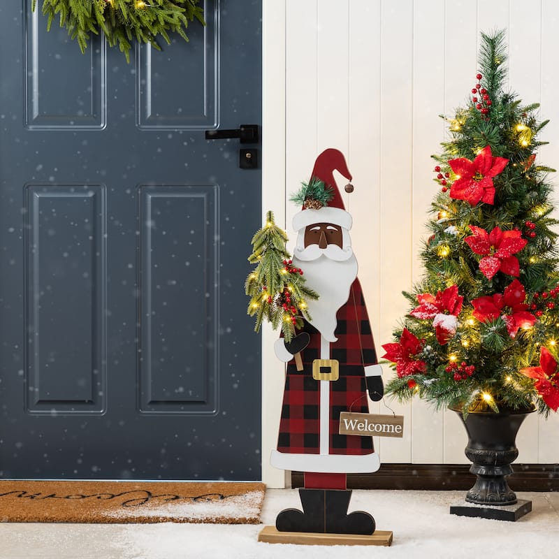 Glitzhome 35.75"H Lighted Wooden Africa Santa Porch Decor with Timer - Multi